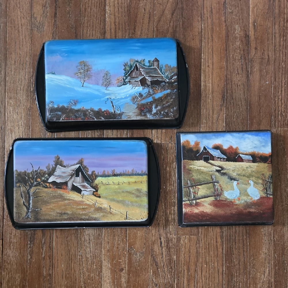3 Vintage 1980s Primitive Hand Painted Rustic Decor Metal Cake Brownie Pans